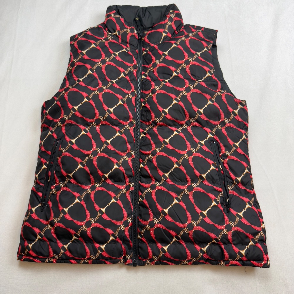 iBKUL Reversible Quilted Puffer Vest Women's Black Red Gold Chain Print Size M